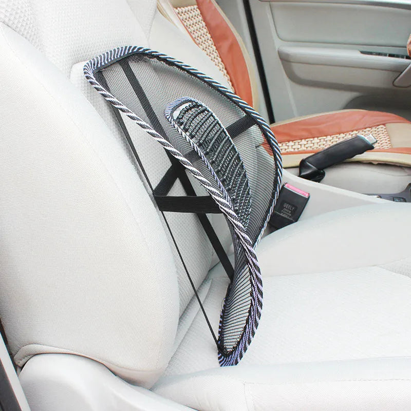 Black car lumbar support pillow showing dimensions of 41cm by 39cm with steel frame construction