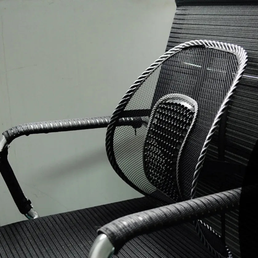 Black car lumbar support pillow showing dimensions of 41cm by 39cm with steel frame construction