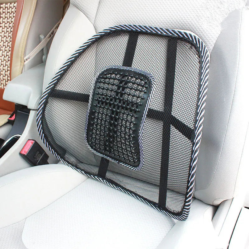 Black car lumbar support pillow showing dimensions of 41cm by 39cm with steel frame construction
