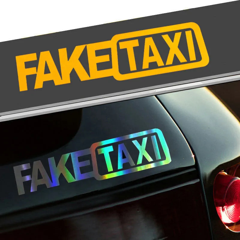 FAKE TAXI waterproof car warning sticker measuring 20cm by 8cm in black text option