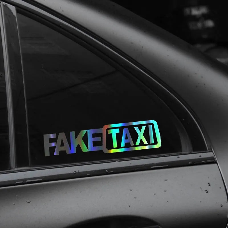 FAKE TAXI waterproof car warning sticker measuring 20cm by 8cm in black text option