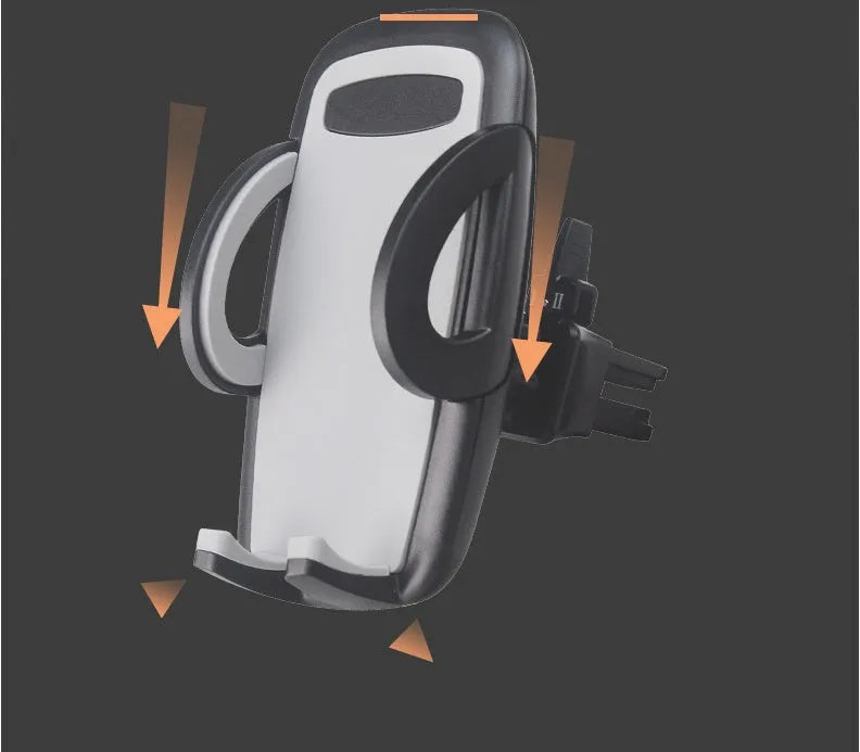 Black plastic car air vent mobile phone holder mounted on a car vent, holding a smartphone.