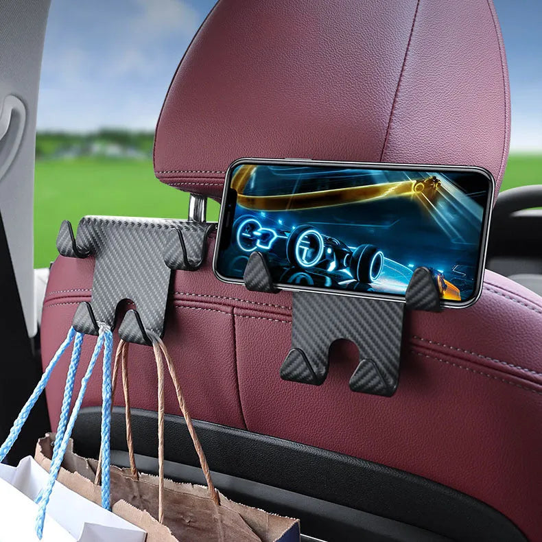 Black ABS car hook bracket with integrated mobile phone holder and storage hooks for rear seat organisation