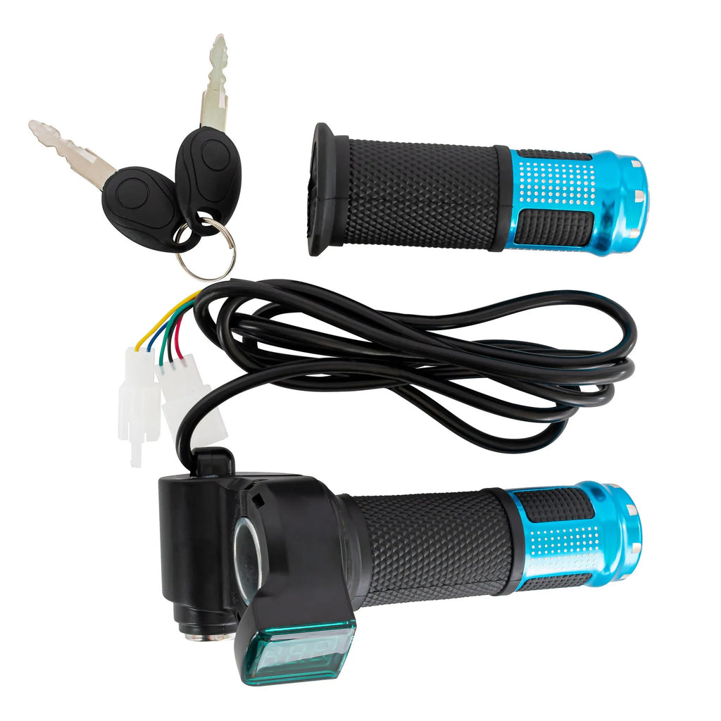 Electric vehicle handlebar grip replacement part in blue, showing 5-core wire and connector