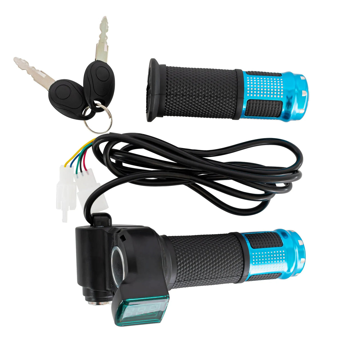 Electric vehicle handlebar grip replacement part in blue, showing 5-core wire and connector