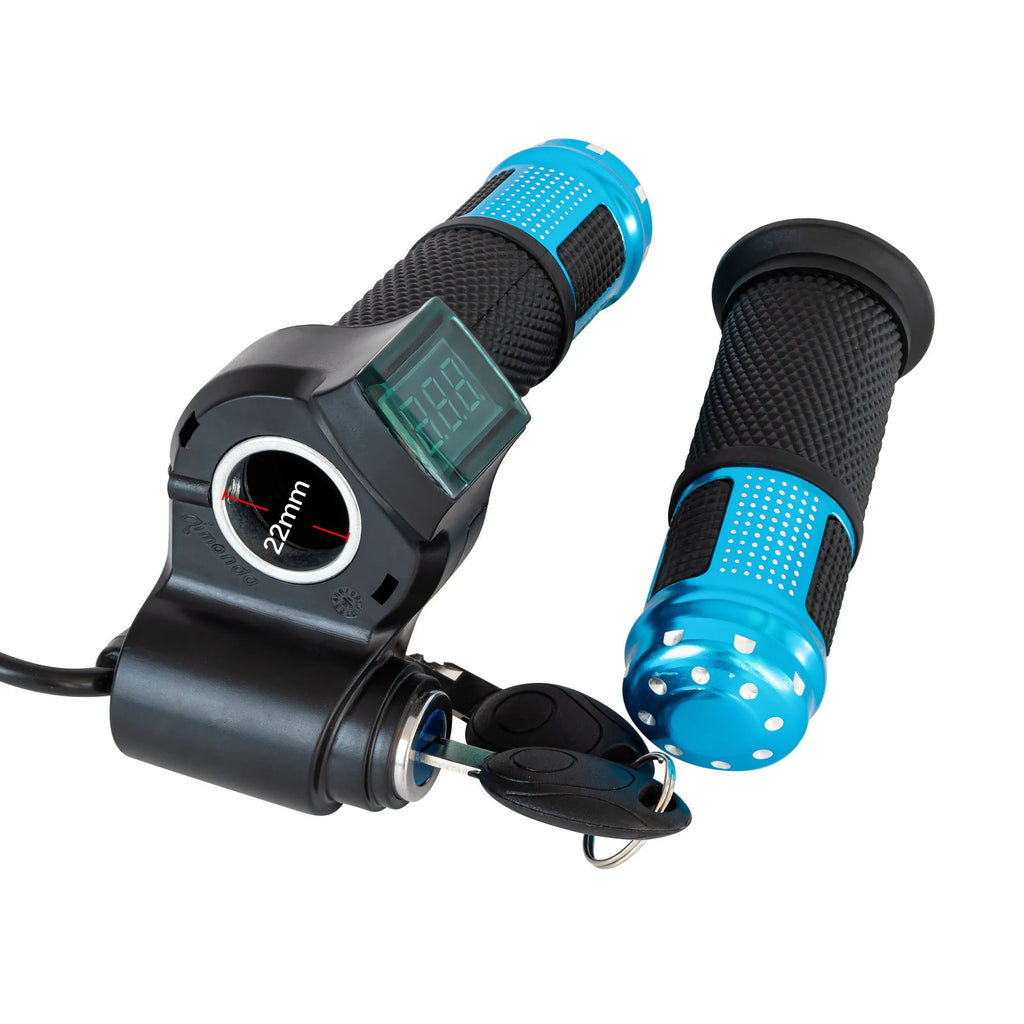 Electric vehicle handlebar grip replacement part in blue, showing 5-core wire and connector