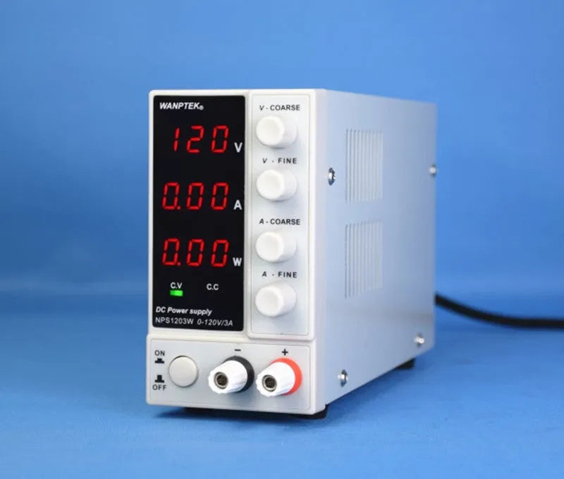 White adjustable DC power supply with voltage and current controls for electronics repair
