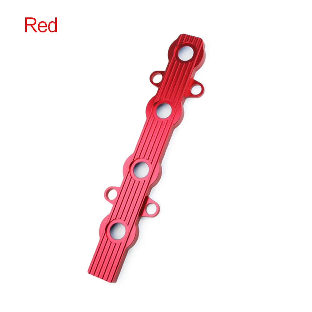 Aluminium alloy motorcycle engine hood in blue, red, and silver, showing pre-drilled and blank panel options.