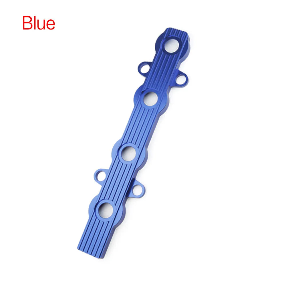 Aluminium alloy motorcycle engine hood in blue, red, and silver, showing pre-drilled and blank panel options.