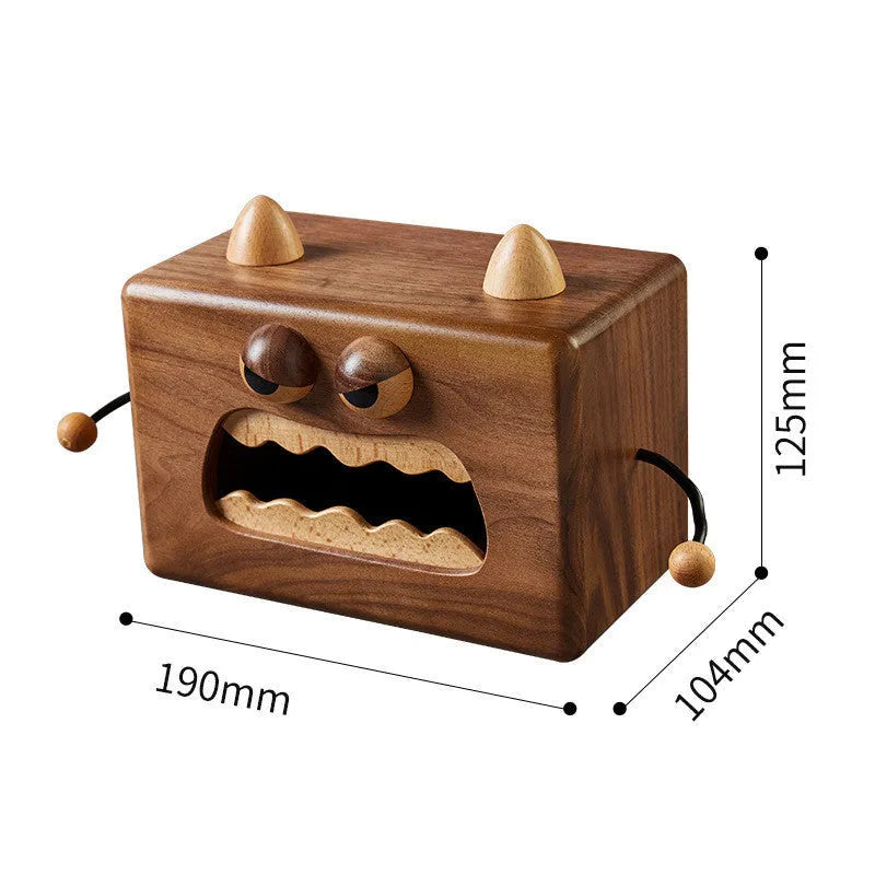 Cartoon monster design wooden tissue box in walnut beech finish measuring 190x104x125mm
