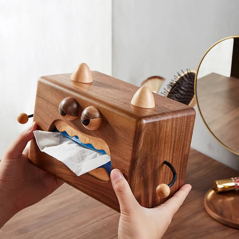 Cartoon monster design wooden tissue box in walnut beech finish measuring 190x104x125mm