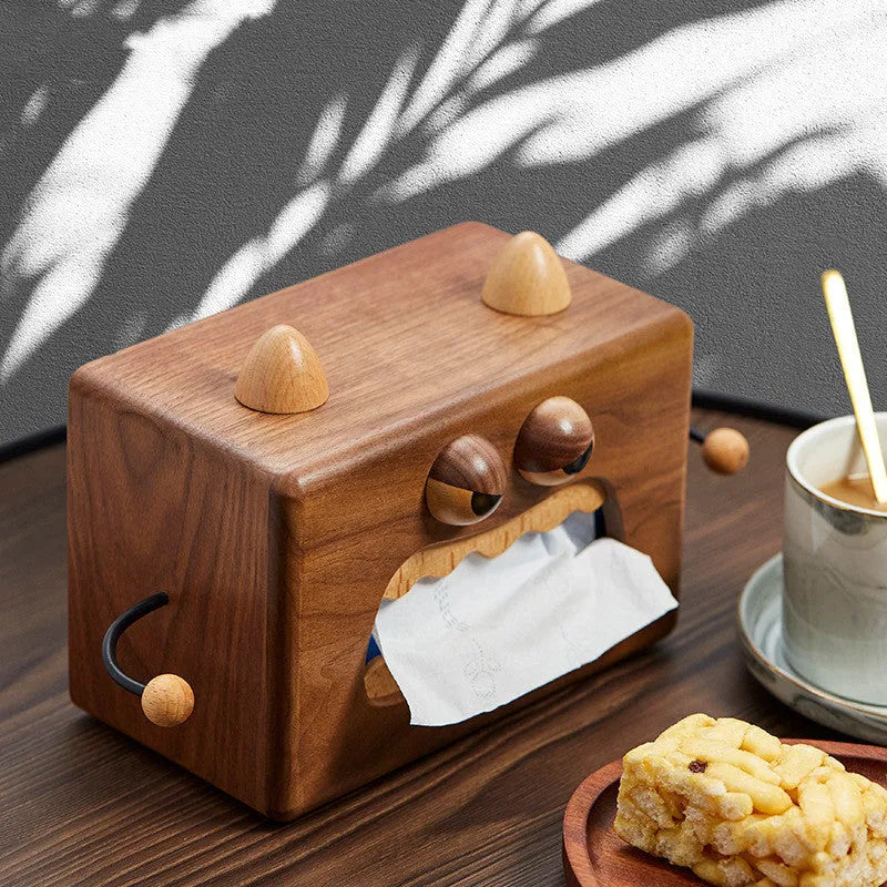 Cartoon monster design wooden tissue box in walnut beech finish measuring 190x104x125mm