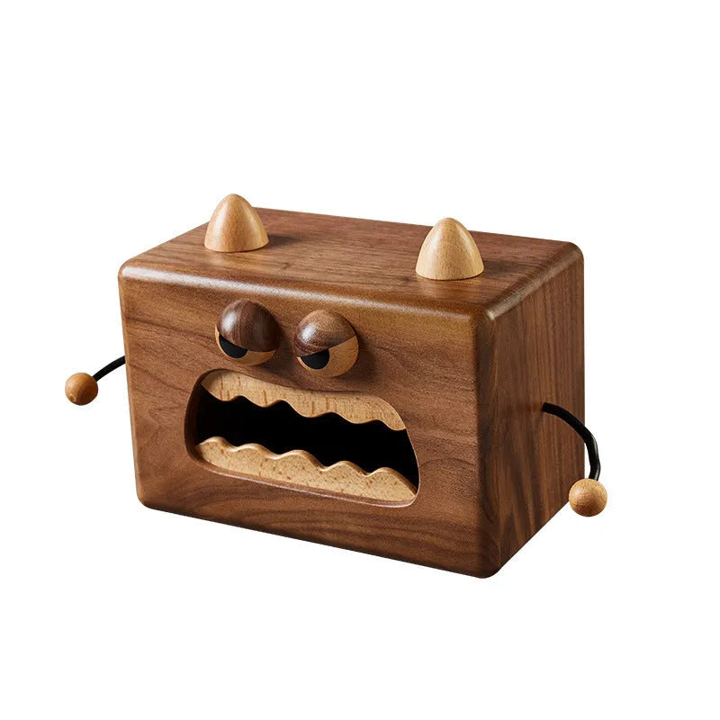 Cartoon monster design wooden tissue box in walnut beech finish measuring 190x104x125mm