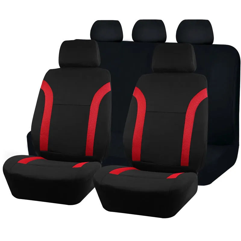 Universal polyester eyelet fabric car seat cover set in black, blue, grey or red with sponge backing.