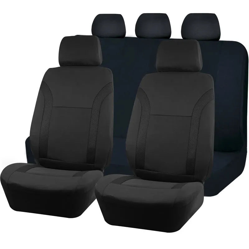 Universal polyester eyelet fabric car seat cover set in black, blue, grey or red with sponge backing.