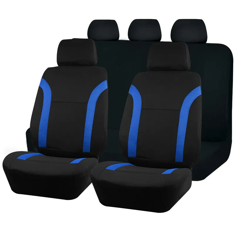 Universal polyester eyelet fabric car seat cover set in black, blue, grey or red with sponge backing.