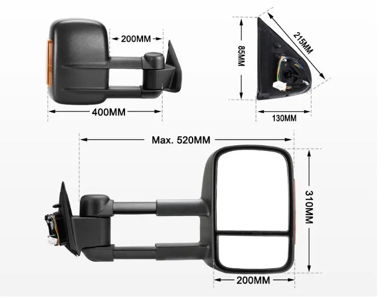 Black electric exterior rear vision mirror with integrated indicator for D23 Nissan NP300
