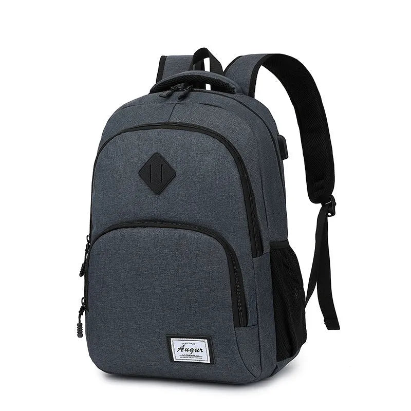 Grey nylon USB charging backpack with trolley sleeve showing dimensions and charging port