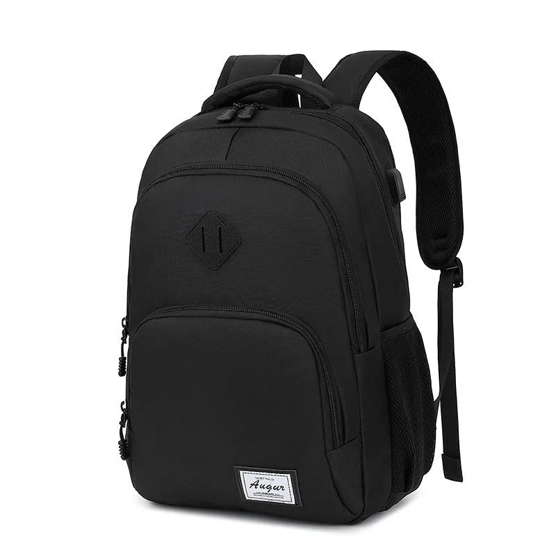 Grey nylon USB charging backpack with trolley sleeve showing dimensions and charging port