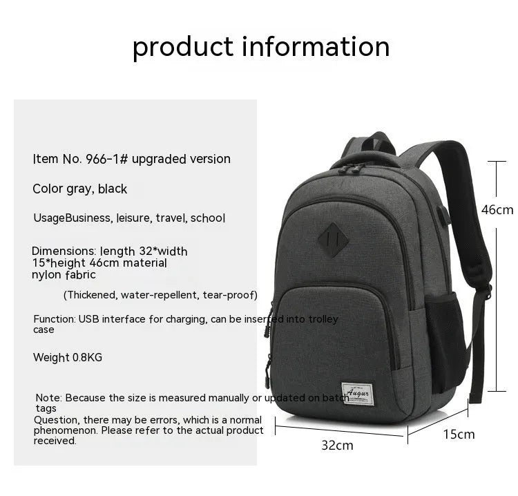 Grey nylon USB charging backpack with trolley sleeve showing dimensions and charging port