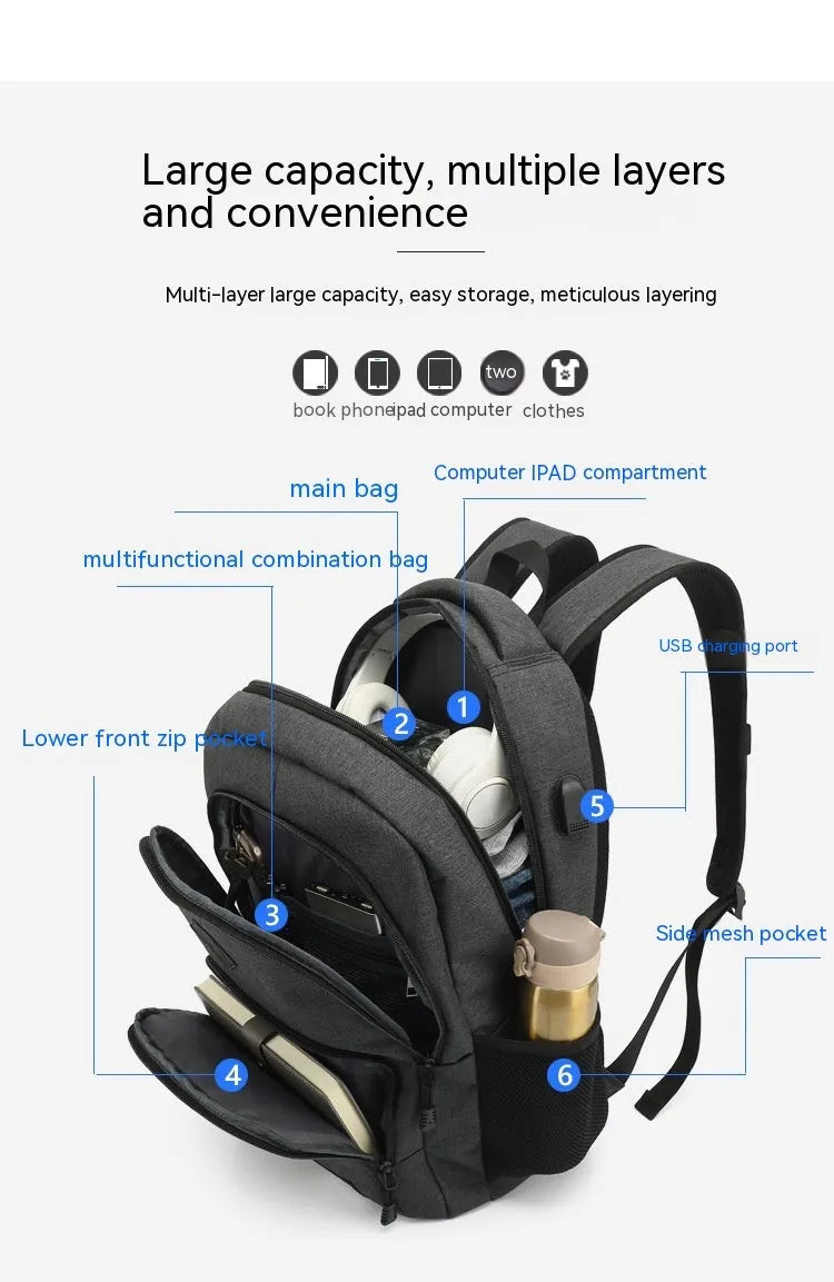 Grey nylon USB charging backpack with trolley sleeve showing dimensions and charging port