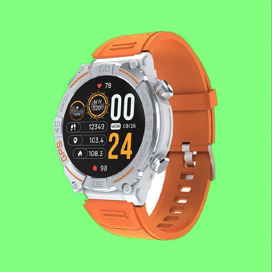 MG02 smart watch in black, khaki, or silver orange colours showing its display and strap.