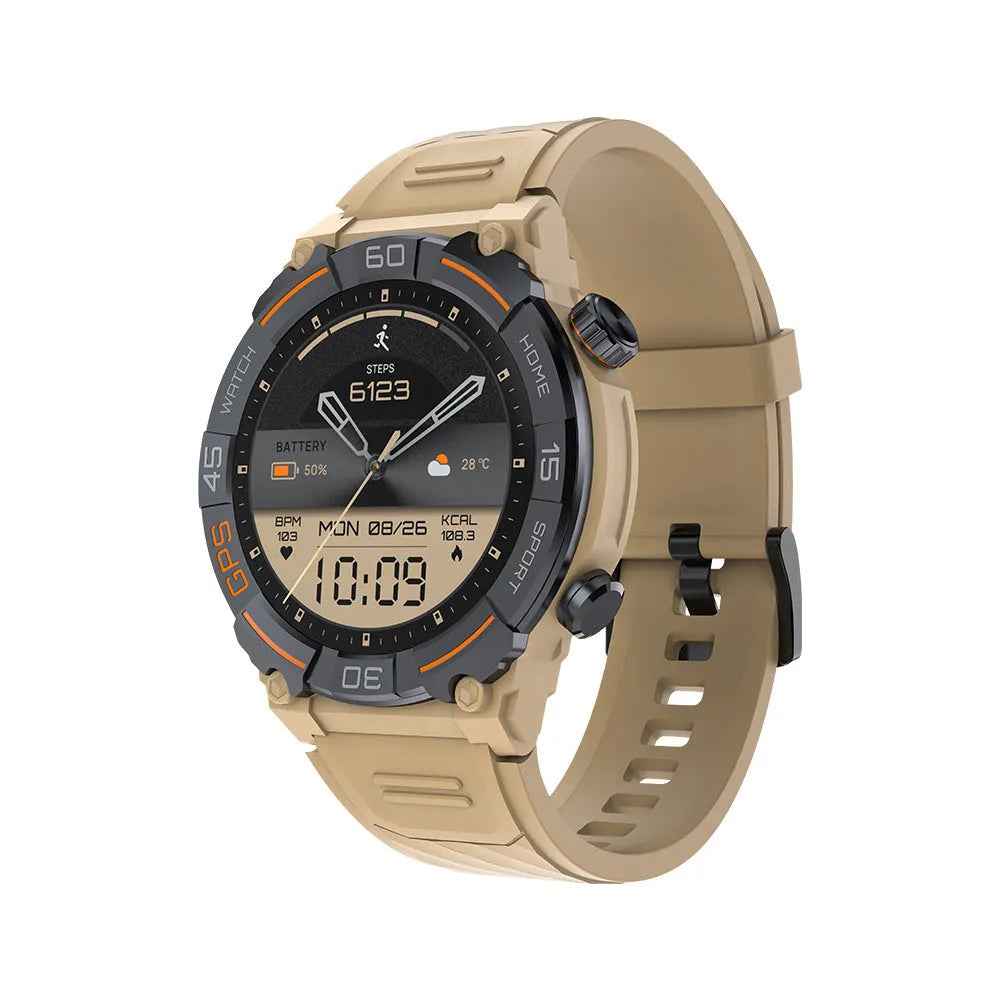 MG02 smart watch in black, khaki, or silver orange colours showing its display and strap.