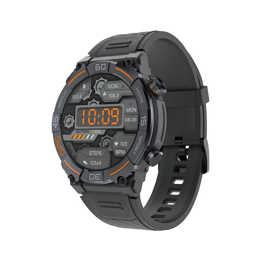 MG02 smart watch in black, khaki, or silver orange colours showing its display and strap.