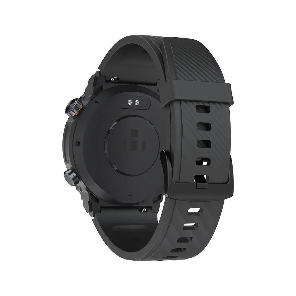MG02 smart watch in black, khaki, or silver orange colours showing its display and strap.