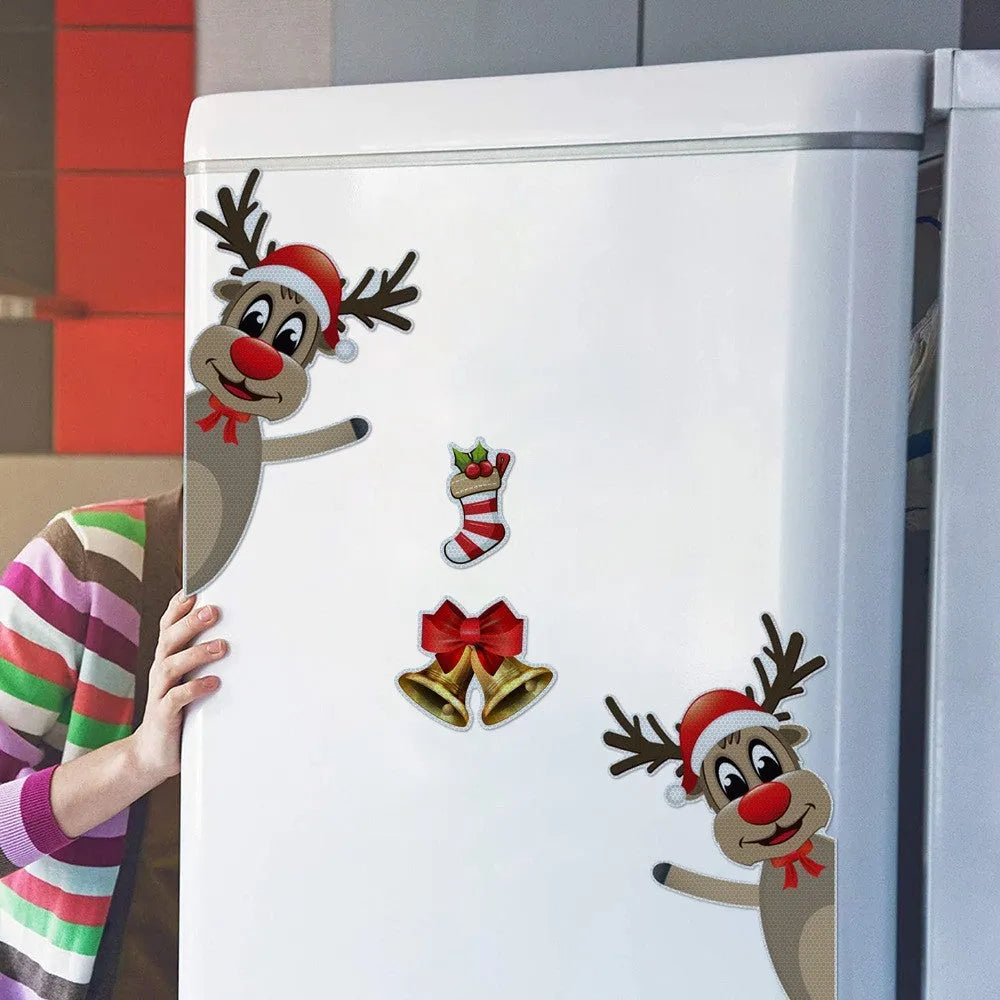 Set of magnetic Christmas car bumper stickers with a reflective luminous elk and bells cartoon design