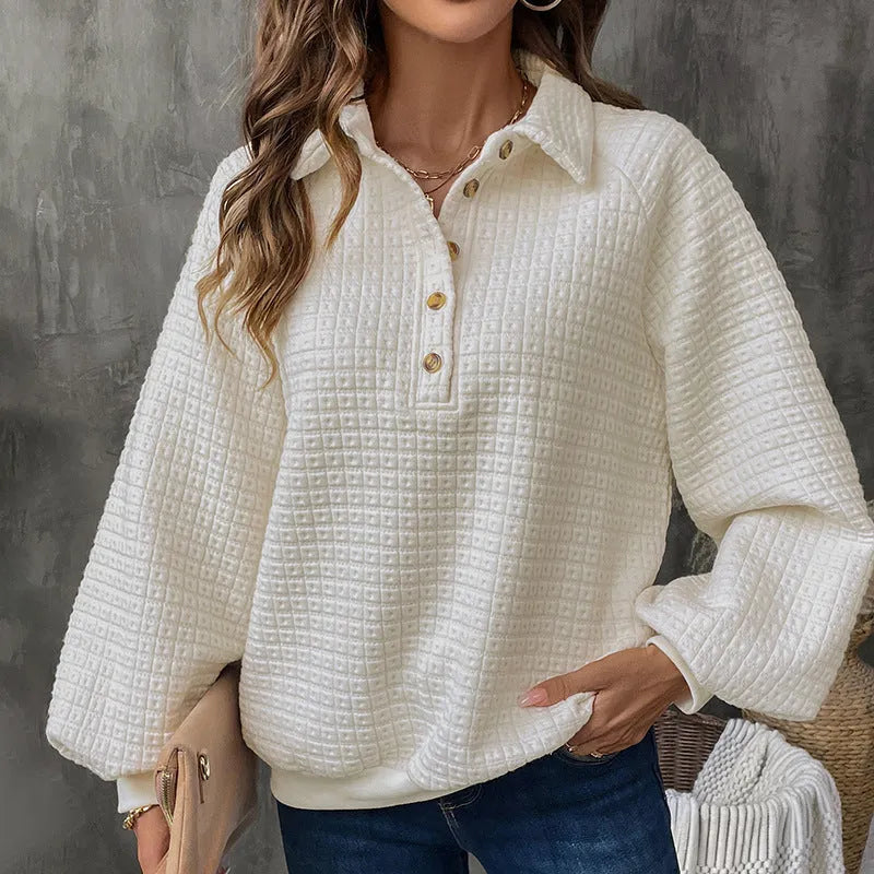 Women's Milky White textured polo collar sweater laid flat, showing long sleeves and thickened knit fabric.