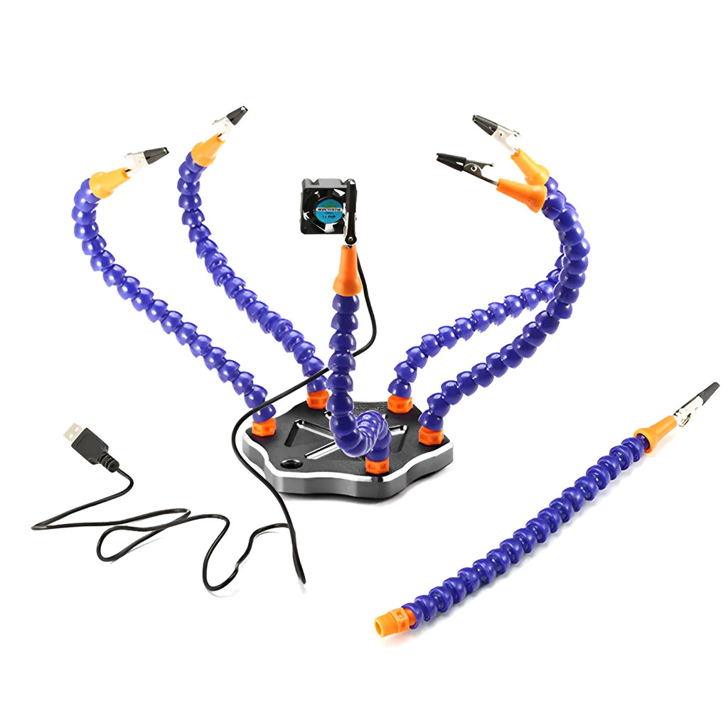 Black aluminium alloy welding station with six articulated arms and rotating chuck for model repair
