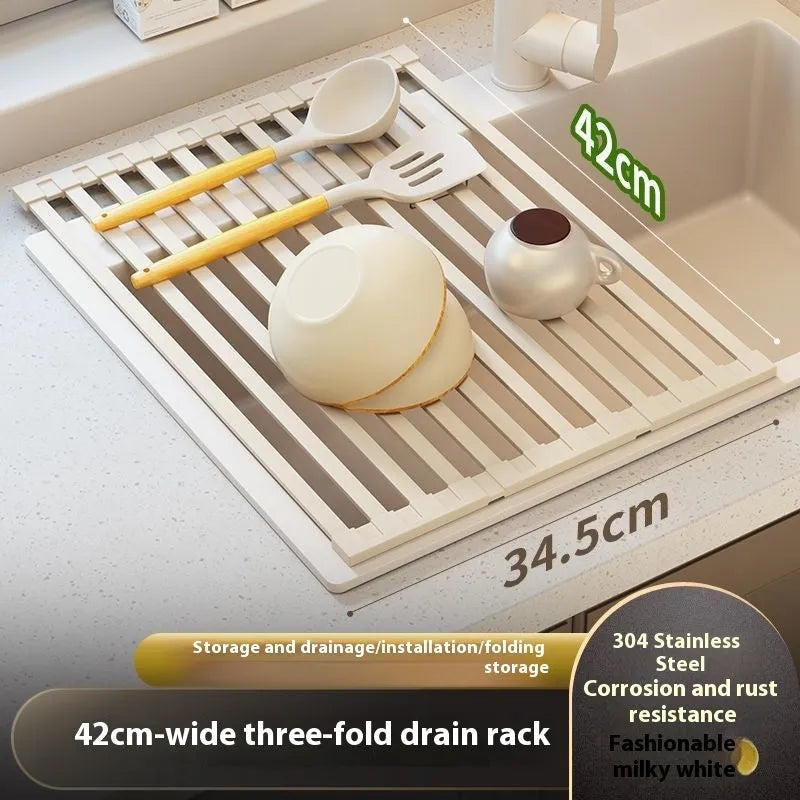 Milky white tri-fold stainless steel kitchen draining rack shown extended for use and folded for storage