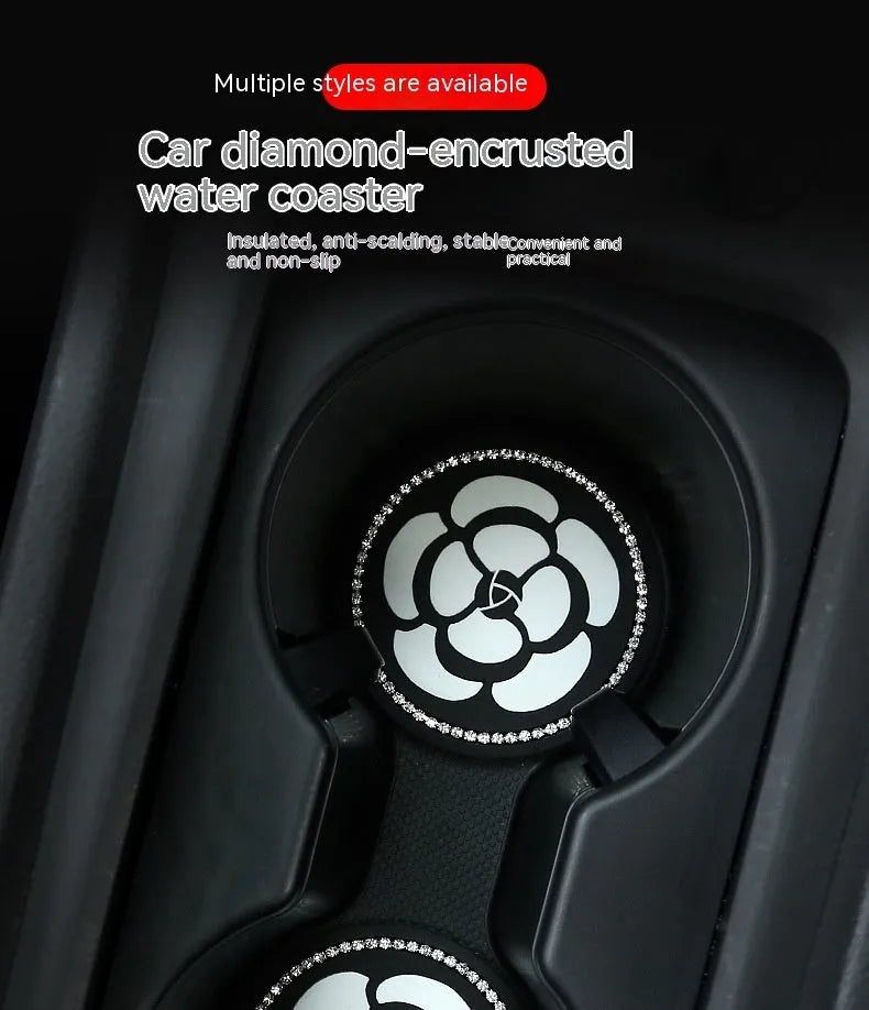 PVC car cup holder mat in black and white checkerboard pattern showing dimensions of 15.2 by 10.1 centimetres