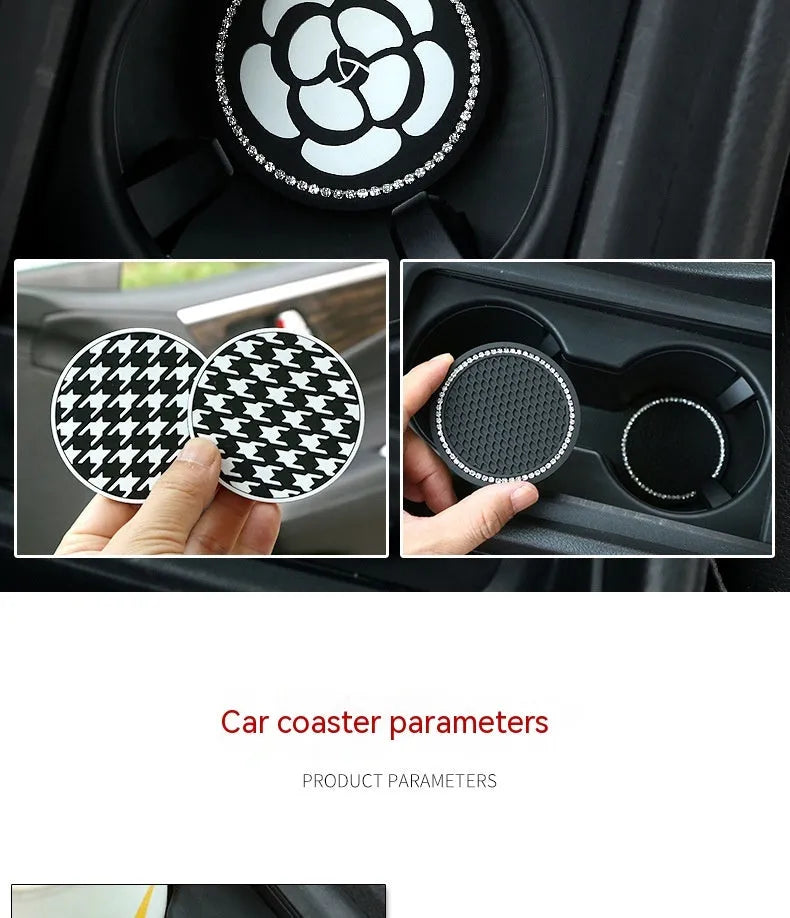 PVC car cup holder mat in black and white checkerboard pattern showing dimensions of 15.2 by 10.1 centimetres