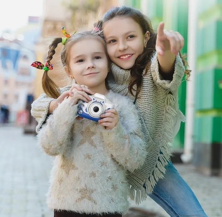 HD cartoon children's digital camera in blue colour with compact ABS plastic body and included lanyard