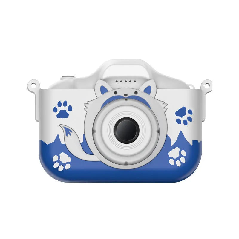 HD cartoon children's digital camera in blue colour with compact ABS plastic body and included lanyard