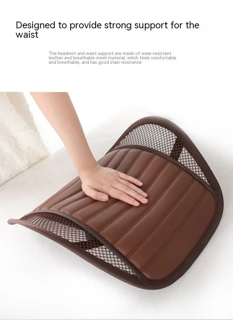 A leather lumbar support cushion for car seats and office chairs in one of five colour options.