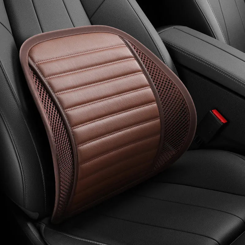 A leather lumbar support cushion for car seats and office chairs in one of five colour options.