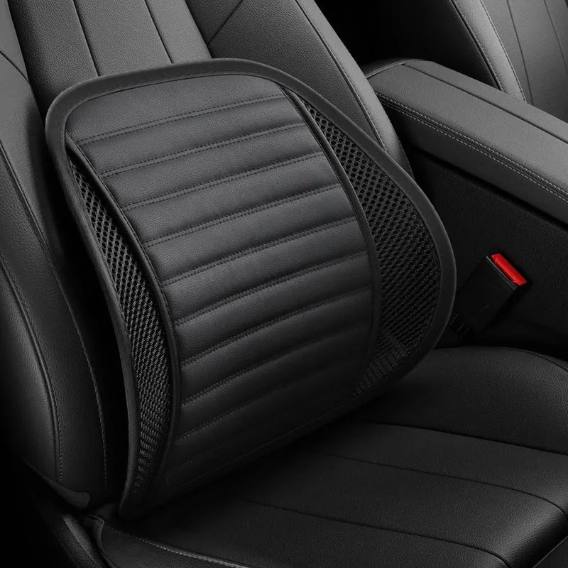 A leather lumbar support cushion for car seats and office chairs in one of five colour options.