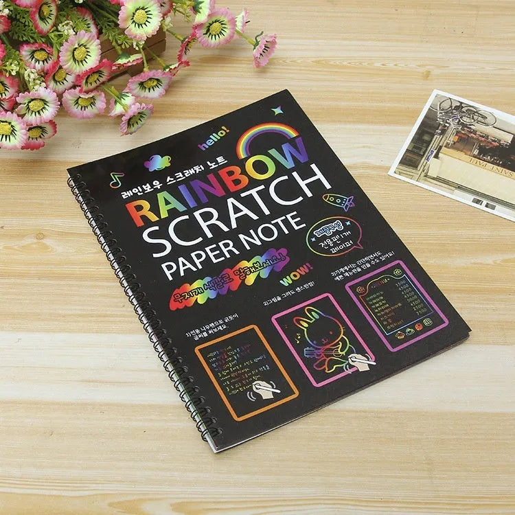 Children's large scratch art paper set with 26x19 cm format and scraping tool