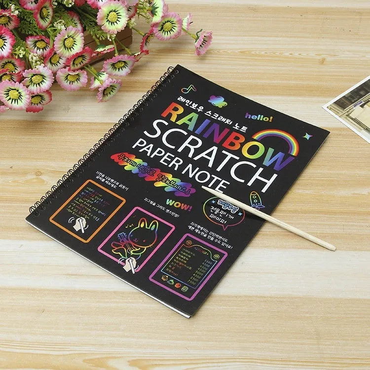 Children's large scratch art paper set with 26x19 cm format and scraping tool