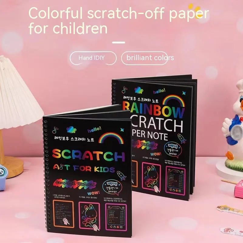 Children's large scratch art paper set with 26x19 cm format and scraping tool