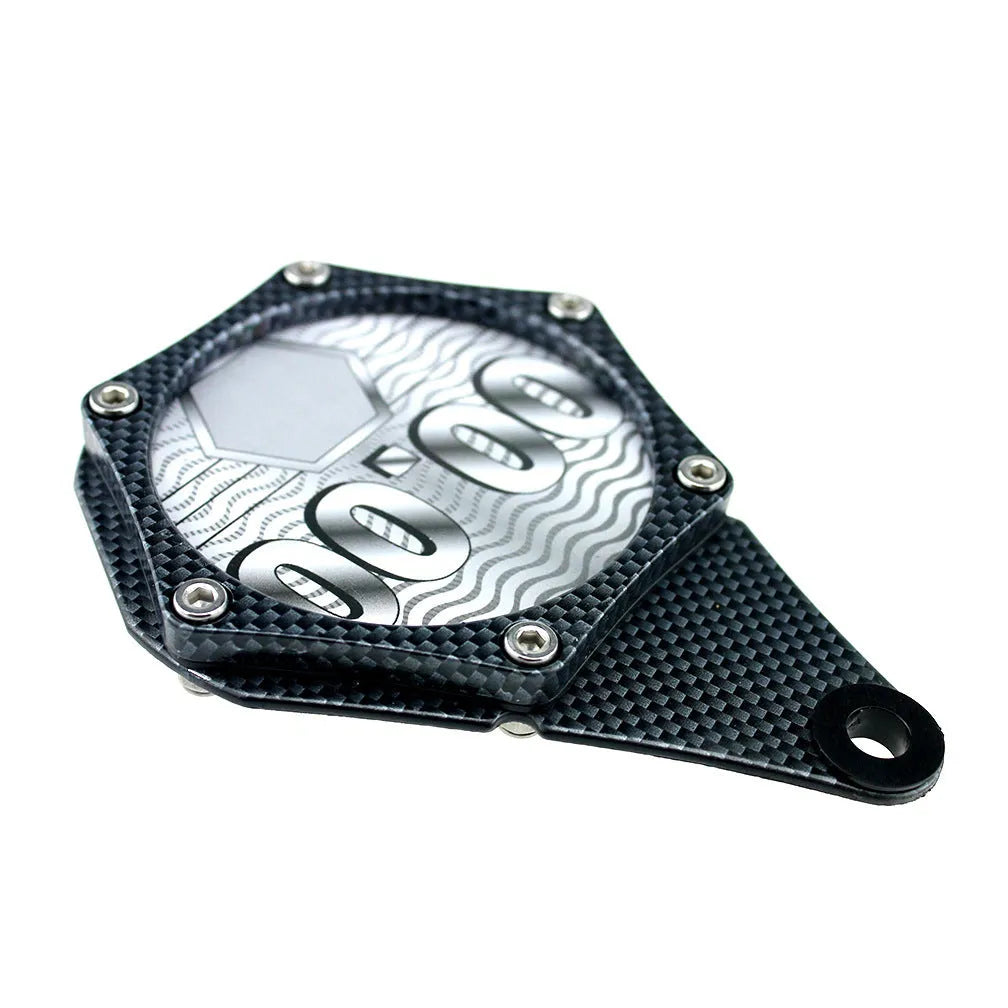 Black carbon fibre pattern motorcycle tax seal with six-corner screw