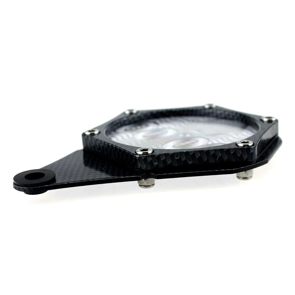 Black carbon fibre pattern motorcycle tax seal with six-corner screw