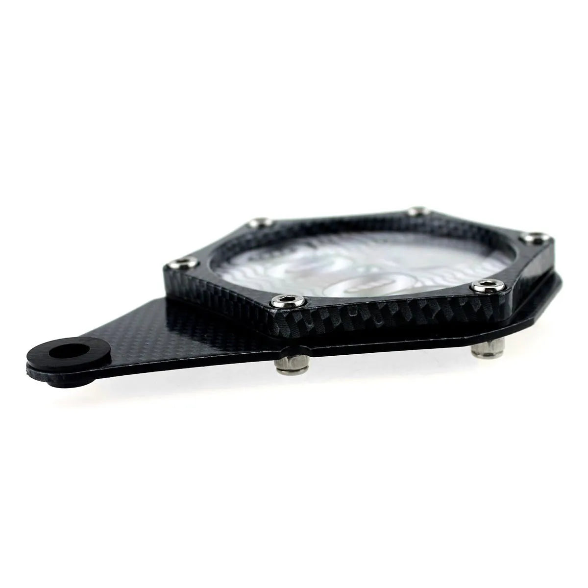 Black carbon fibre pattern motorcycle tax seal with six-corner screw