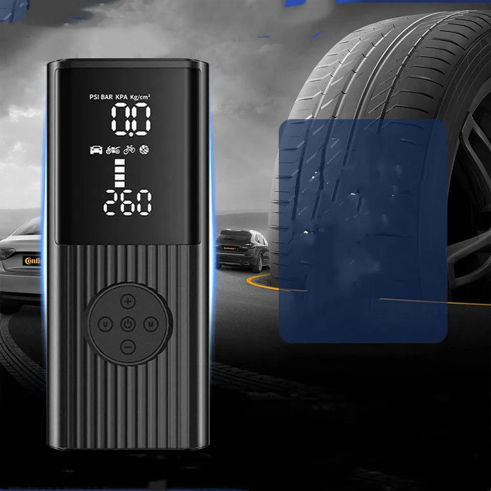 Black portable wireless car tyre inflator with LED light, USB port, and multiple air nozzles on a storage bag.