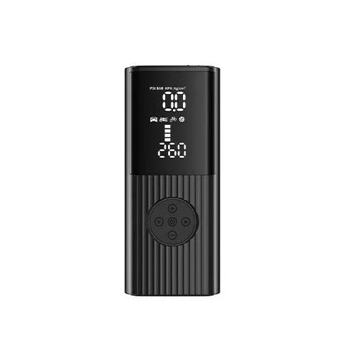 Black portable wireless car tyre inflator with LED light, USB port, and multiple air nozzles on a storage bag.
