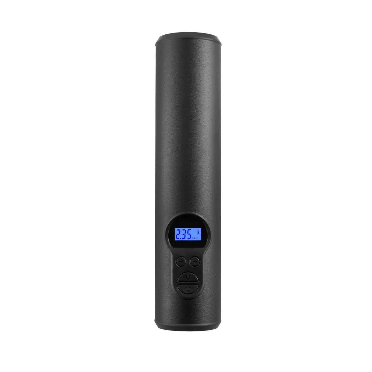 Black portable wireless car tyre inflator with LED light, USB port, and multiple air nozzles on a storage bag.