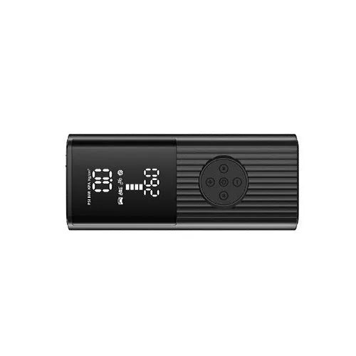 Black portable wireless car tyre inflator with LED light, USB port, and multiple air nozzles on a storage bag.